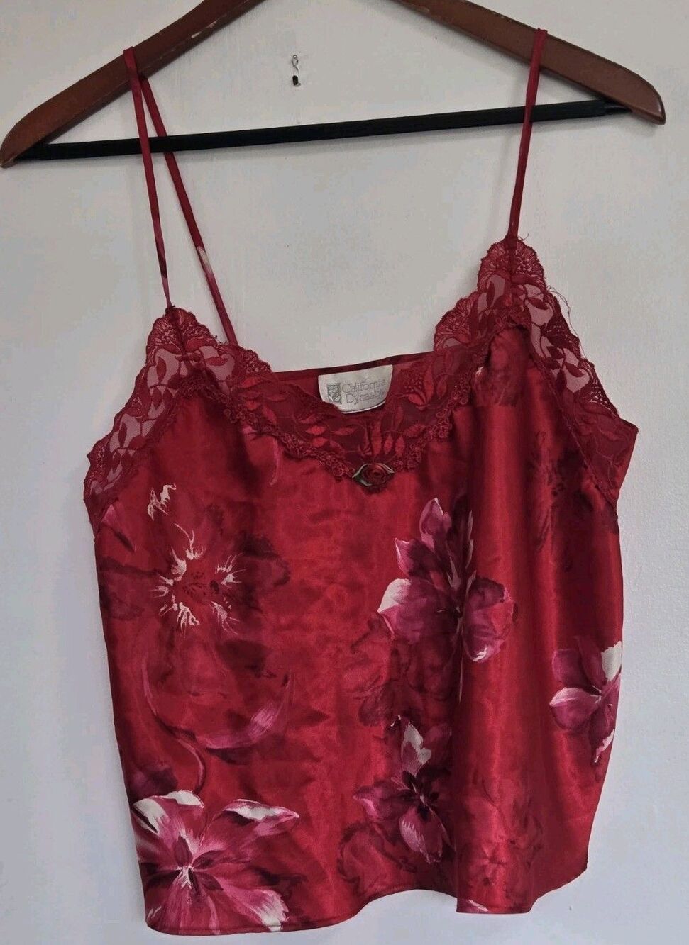 VTG California Dynasty Cami Womens L Blouse Floral Satin Coquette Roses Y2K